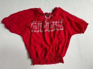 IN Girl Red Embroidered Peasant Blouse Tie Neck Top L